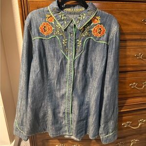 Double D Ranch Denim Shirt with Orange Floral Embroidery and Green Piping